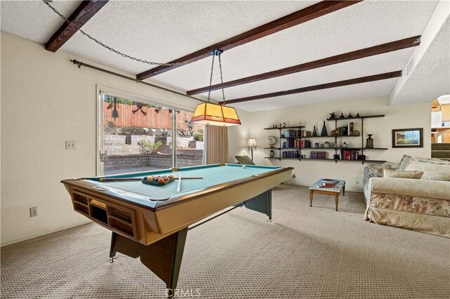 playroom with light colored carpet, beamed ceiling, pool table, and a textured ceiling