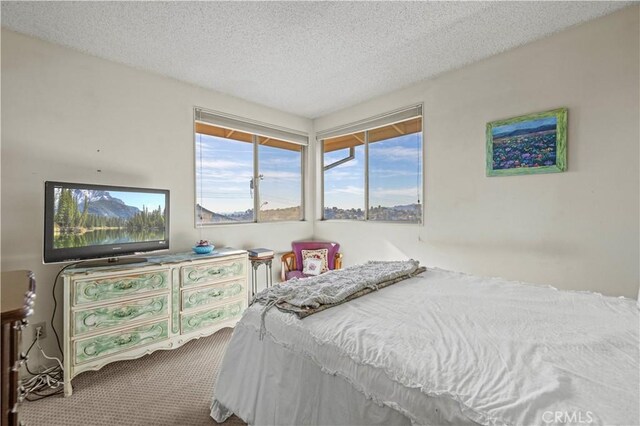 bedroom with a textured ceiling and carpet floors