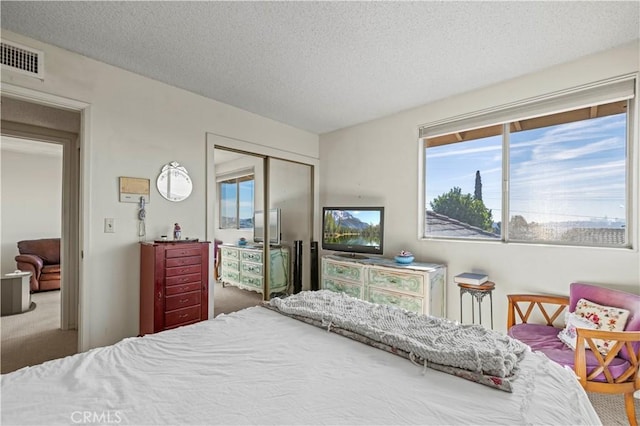 bedroom featuring a closet, a textured ceiling, and carpet flooring