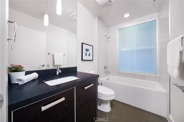 full bathroom featuring toilet,  shower combination, and vanity