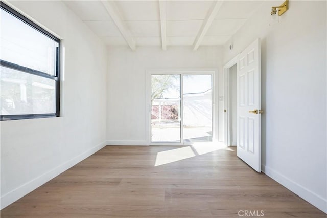 empty room featuring a wealth of natural light, beam ceiling, and light hardwood / wood-style flooring