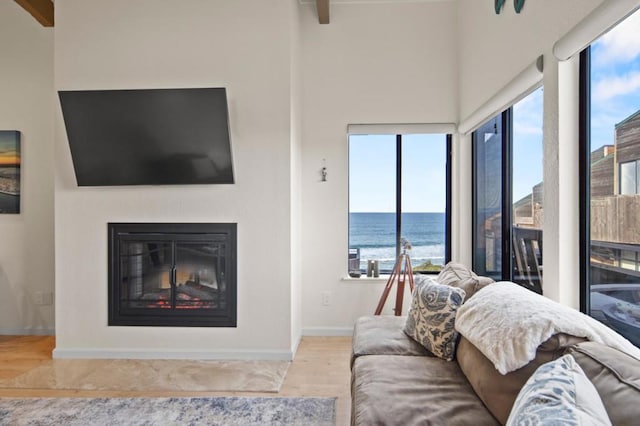 living room featuring beam ceiling and light hardwood / wood-style flooring