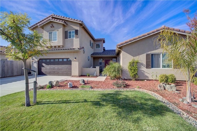 mediterranean / spanish-style home with a garage and a front lawn