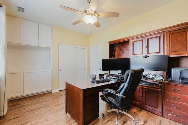 office space with ceiling fan and light wood-type flooring