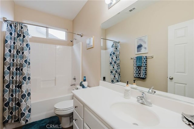 full bathroom with toilet, shower / bath combo, and vanity