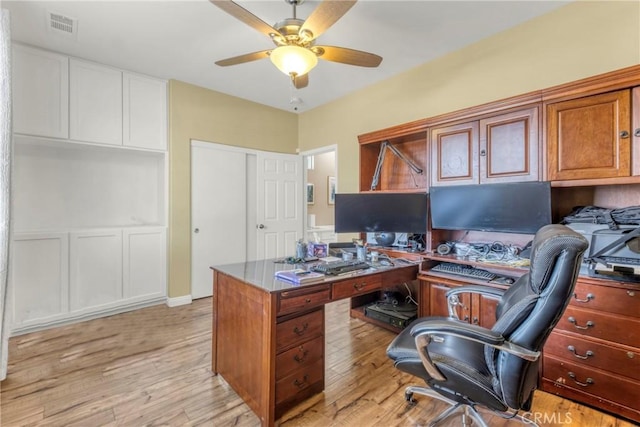 44620 Painted Desert St, Lancaster, CA 93536 - home office with visible vents, light wood finished floors, and a ceiling fan