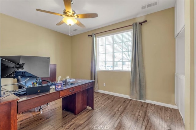 44620 Painted Desert St, Lancaster, CA 93536 - office area featuring wood finished floors, ceiling fan, baseboards, and visible vents