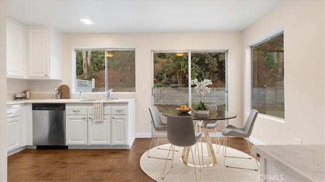 kitchen with sink, white cabinets, dishwasher, and dark hardwood / wood-style flooring