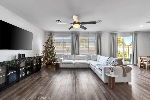 living room featuring ceiling fan and dark hardwood / wood-style floors