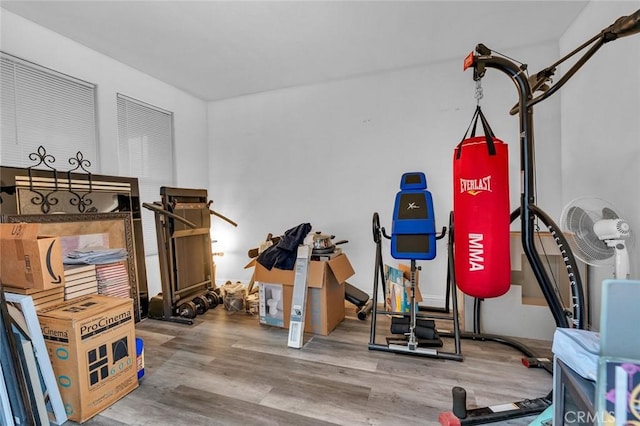 workout area with wood-type flooring