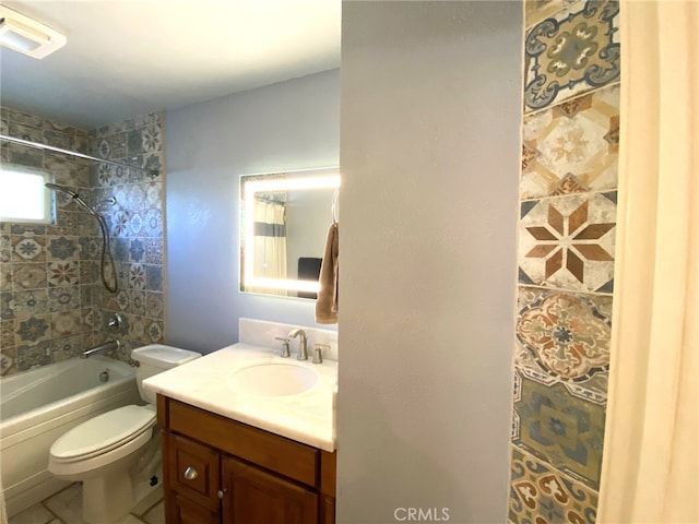 full bathroom with toilet, tiled shower / bath, and vanity