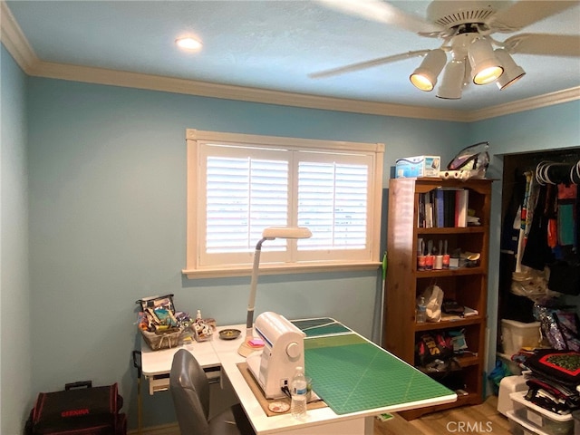 office featuring ceiling fan, hardwood / wood-style floors, and ornamental molding