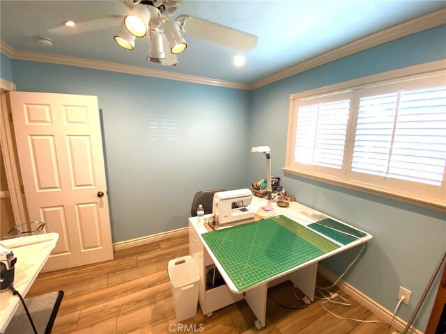 interior space featuring ceiling fan, hardwood / wood-style floors, and crown molding