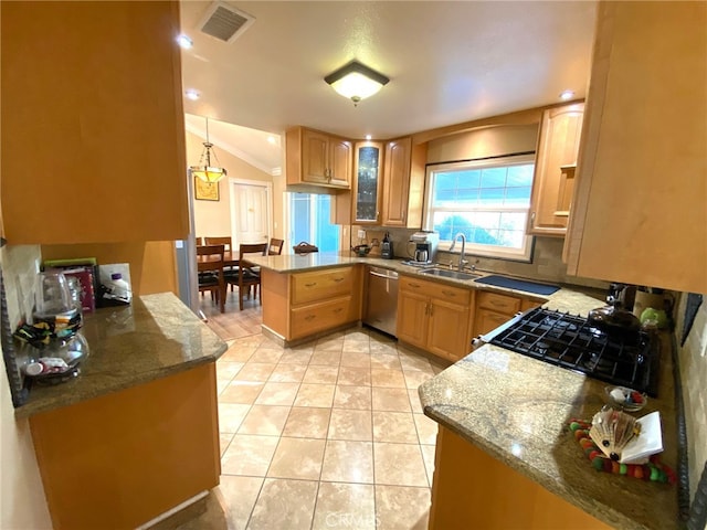 kitchen with kitchen peninsula, hanging light fixtures, stainless steel dishwasher, light stone counters, and sink