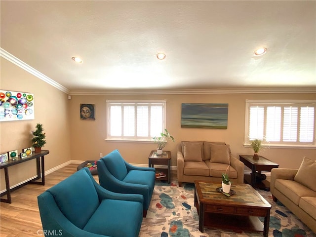 living room featuring ornamental molding and wood-type flooring