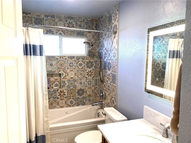 full bathroom with toilet, vanity, and shower / bathtub combination with curtain