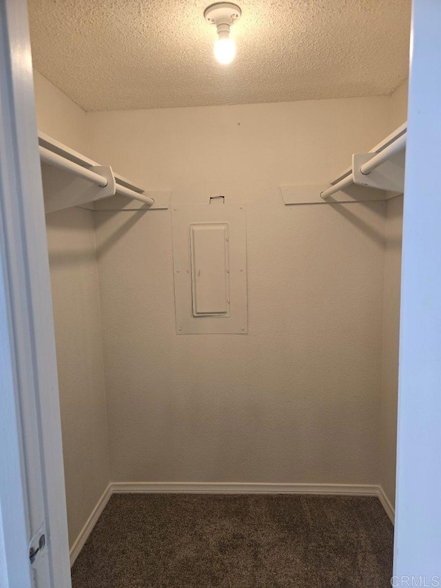 spacious closet with dark carpet and electric panel