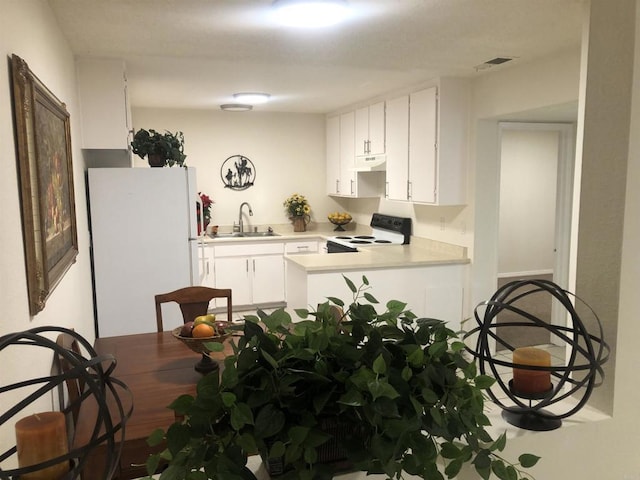 kitchen with kitchen peninsula, sink, white cabinets, and white appliances