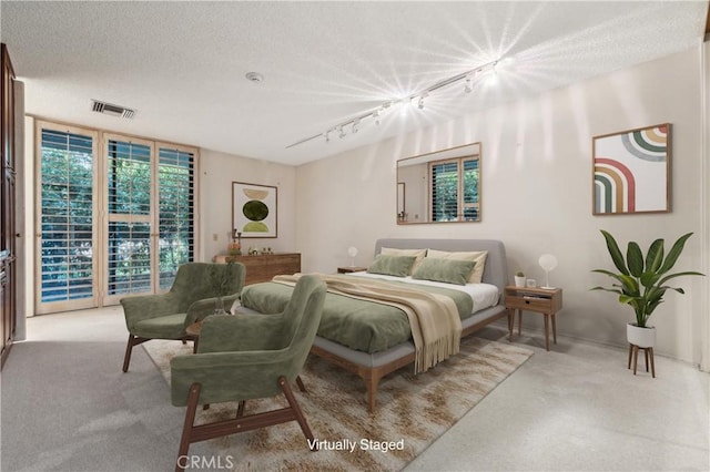 bedroom featuring light colored carpet, access to exterior, a textured ceiling, and rail lighting