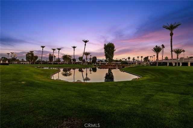 view of community with a water view and a yard