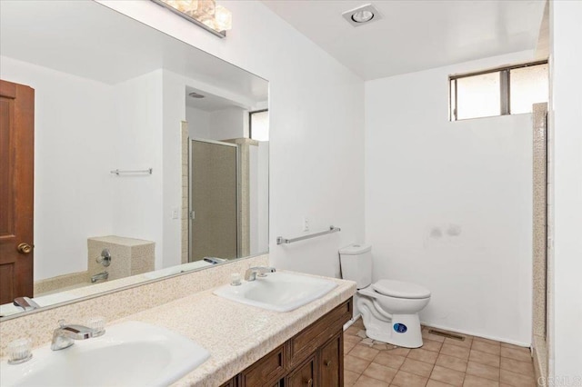 full bathroom with visible vents, a stall shower, a sink, and toilet