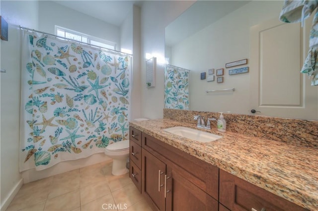 full bathroom with shower / bathtub combination with curtain, vanity, toilet, and tile patterned floors