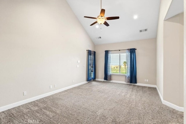 unfurnished room with ceiling fan, carpet floors, and high vaulted ceiling