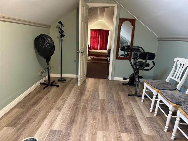 workout room featuring lofted ceiling and hardwood / wood-style floors