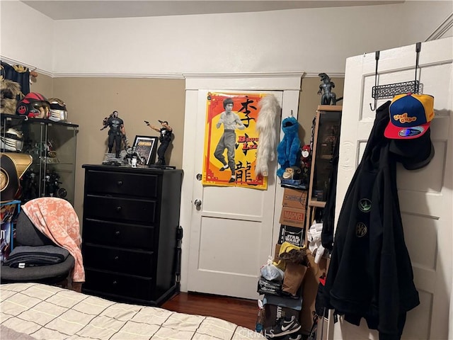 bedroom with dark hardwood / wood-style flooring