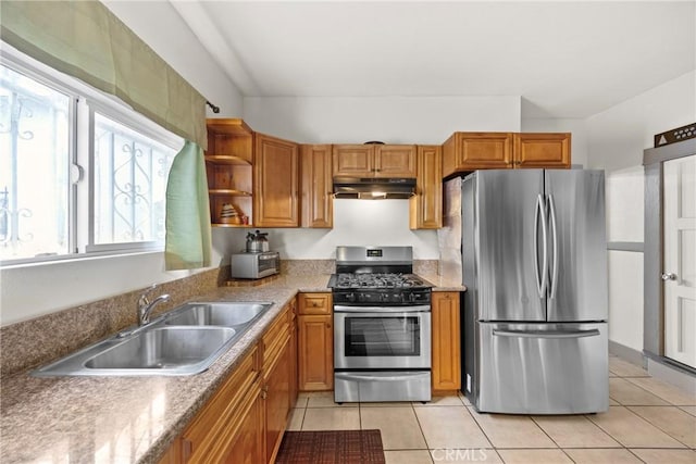 kitchen with sink, light tile patterned floors, and stainless steel appliances