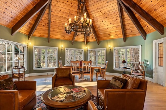 living room featuring vaulted ceiling with beams, wood ceiling, a chandelier, and light hardwood / wood-style floors