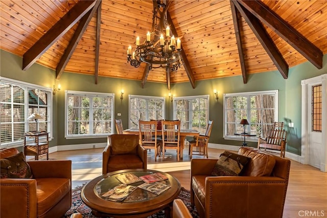 801 Kuffel Canyon Rd, Lake Arrowhead, CA 92385 - living room featuring a chandelier, wood finished floors, wooden ceiling, and plenty of natural light