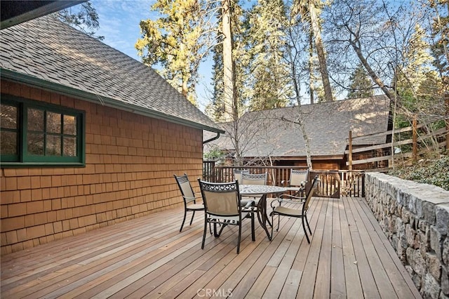 801 Kuffel Canyon Rd, Lake Arrowhead, CA 92385 - wooden terrace with outdoor dining space