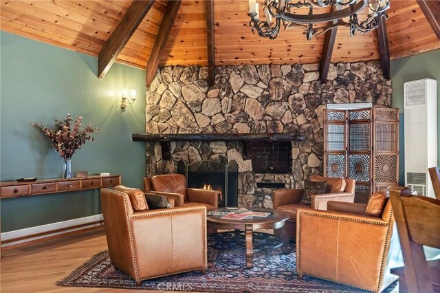 living area featuring hardwood / wood-style floors, a fireplace, a chandelier, wooden ceiling, and beam ceiling