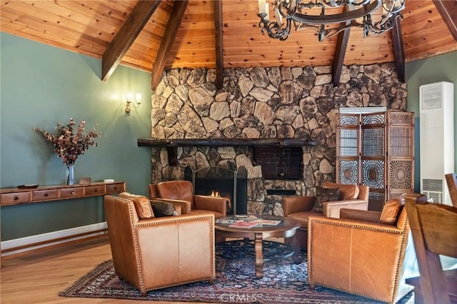 801 Kuffel Canyon Rd, Lake Arrowhead, CA 92385 - sitting room with a chandelier, wood ceiling, wood finished floors, a fireplace, and a heating unit