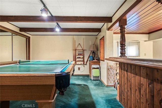 recreation room featuring beam ceiling, dark carpet, pool table, and track lighting