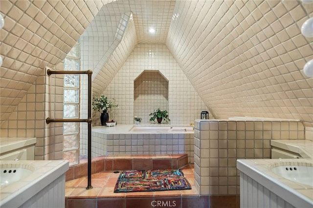 801 Kuffel Canyon Rd, Lake Arrowhead, CA 92385 - full bath with vanity, tile walls, a bath, and lofted ceiling