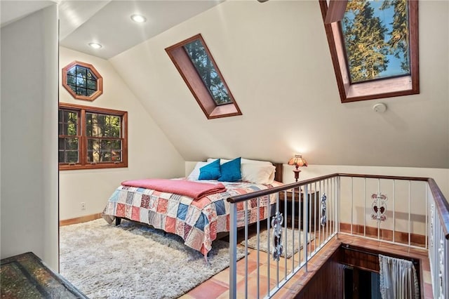 801 Kuffel Canyon Rd, Lake Arrowhead, CA 92385 - bedroom with a skylight, vaulted ceiling, and recessed lighting