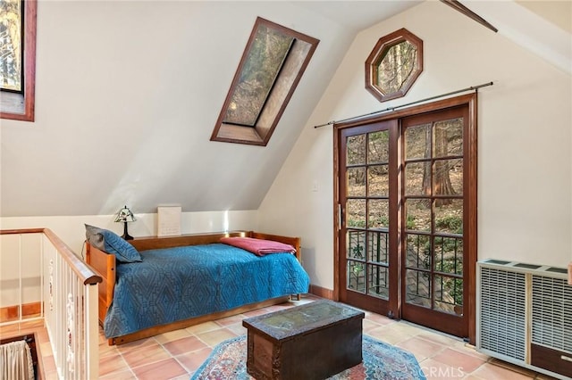 801 Kuffel Canyon Rd, Lake Arrowhead, CA 92385 - tiled bedroom with lofted ceiling, a skylight, and radiator