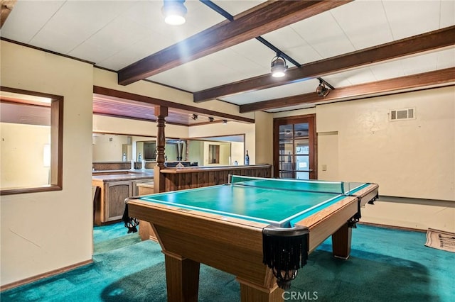 801 Kuffel Canyon Rd, Lake Arrowhead, CA 92385 - playroom featuring carpet, beamed ceiling, baseboards, and pool table