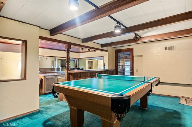 801 Kuffel Canyon Rd, Lake Arrowhead, CA 92385 - recreation room with carpet flooring, beamed ceiling, and pool table