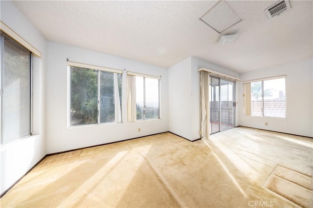 carpeted empty room with a textured ceiling