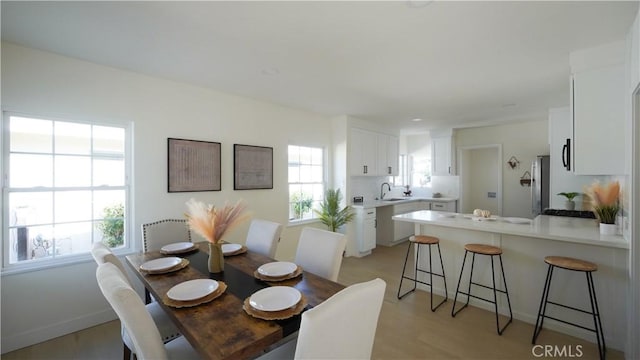 dining room with sink, light hardwood / wood-style flooring, and plenty of natural light