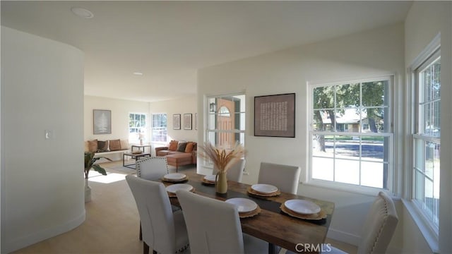 dining room with light carpet