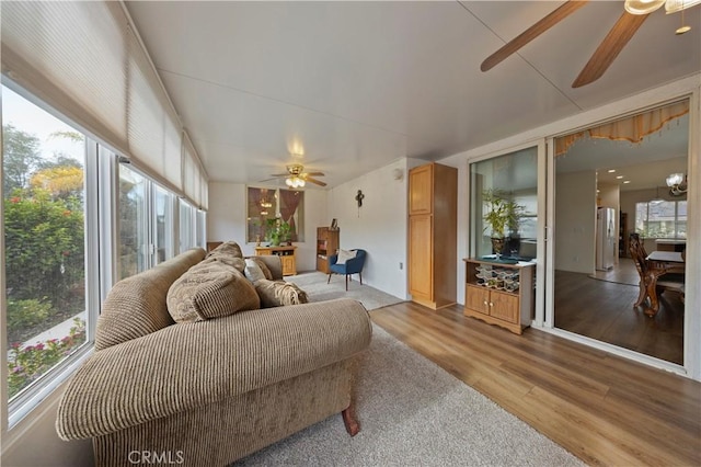 living room featuring ceiling fan, a healthy amount of sunlight, and hardwood / wood-style floors