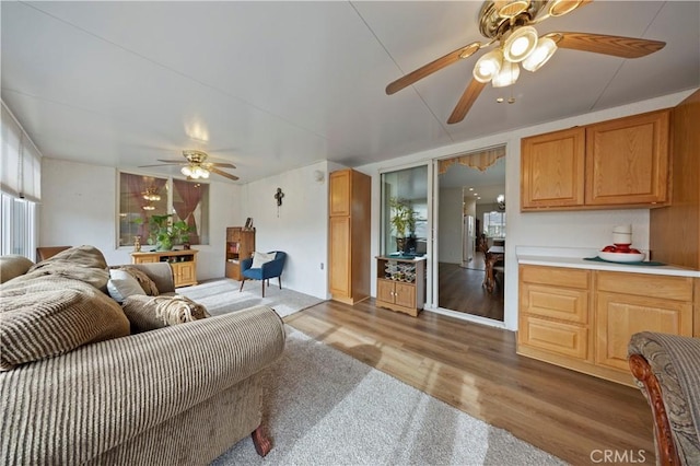 living room with ceiling fan and hardwood / wood-style floors