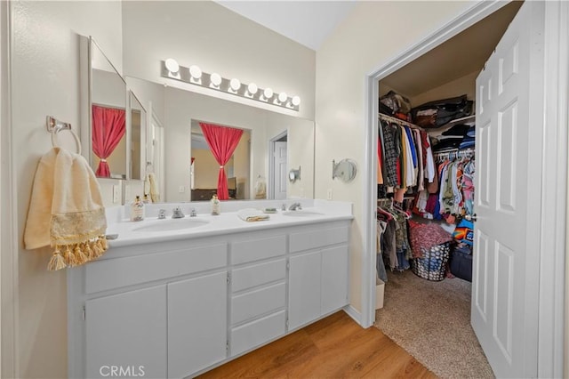 bathroom with hardwood / wood-style floors and vanity