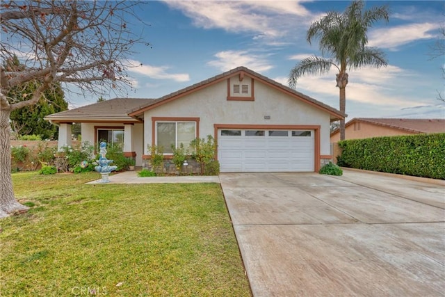 single story home featuring a garage and a front lawn