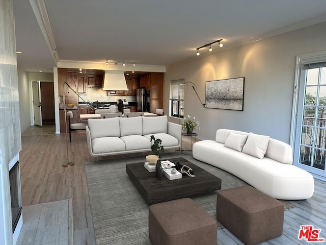 living room with track lighting, hardwood / wood-style floors, and crown molding