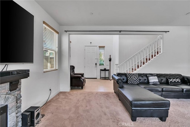 24469 Paxton Ln, Lake Elsinore, CA 92532 - carpeted living area with stairs, plenty of natural light, and tile patterned floors